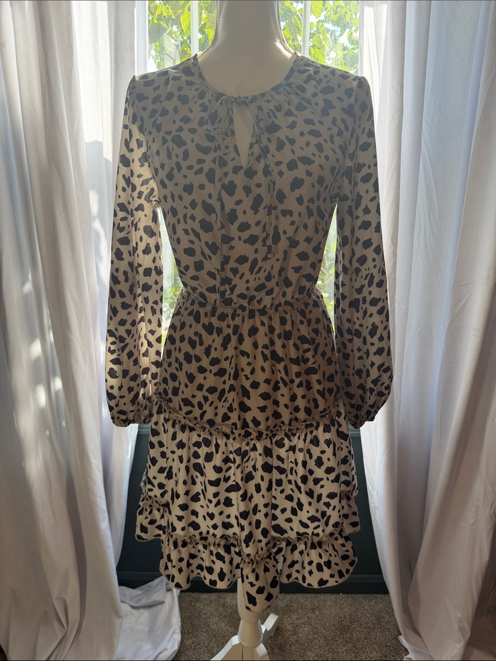 Beige and Black Ruffle Tiered Long-Sleeve Dress